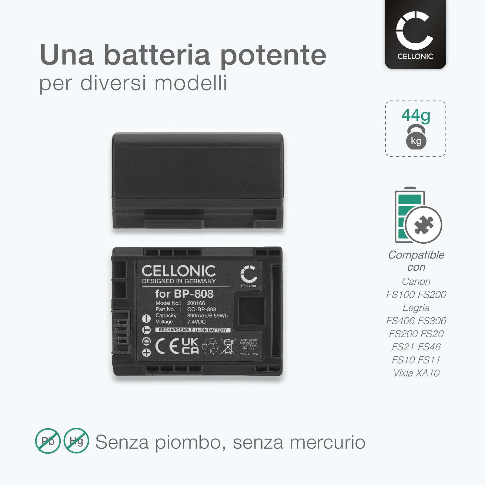 Batteria Di Ricambio Per Videocamera Canon Legria HF G10 (BP-808) – Li-Ion 7,4V 890mAh, 100% Compatibile