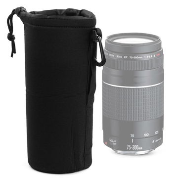 Housse de protection Néoprène noir pour objectif photo 20cm x 10cm (XL) - pochette avec fermeture par cordon et accroche de type mousqueton