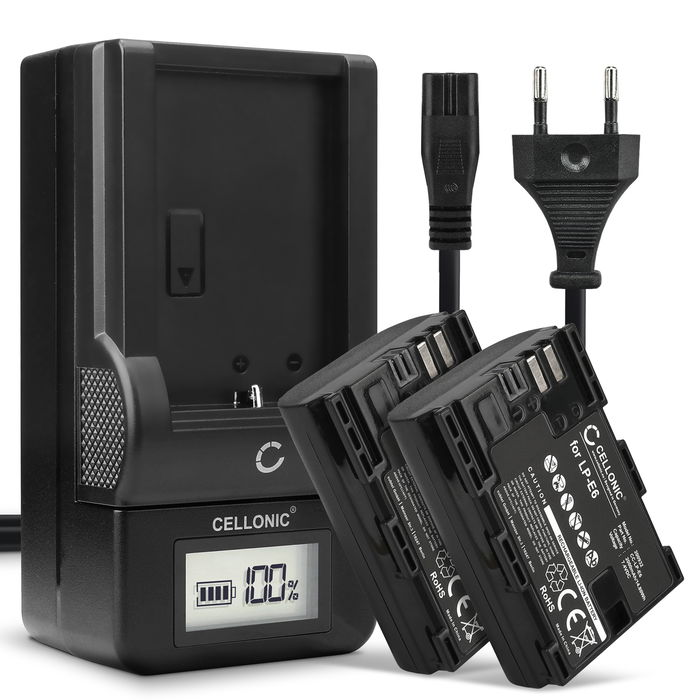 2x LP-E6 LP-E6N Camera Battery + Charger Set for Canon EOS 5D Mark II III IV 5DS R 60D 60Da 6D Mark II 70D 7D Mark II 80D EOS R WFT-E7 2000mAh Replacement Battery LC-E6 CBC-E6 LCD Smart Charger