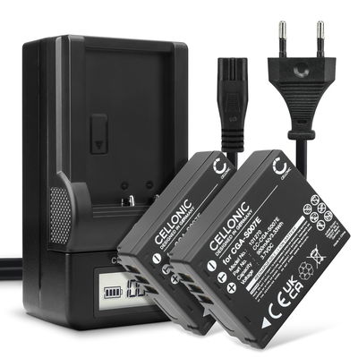 Pack de 2x batteries CGA-S007 CGR-S007 DMW-BCD10 900mAh pour appareil photo Panasonic Lumix DMC-TZ5 DMC-TZ5 DMC-TZ3 DMC-TZ1 DMC-TZ4 DMC-TZ2 - Avec chargeur DA-A46A DE-A25B DE-A26A DE-A45 et câble d'alimentation
