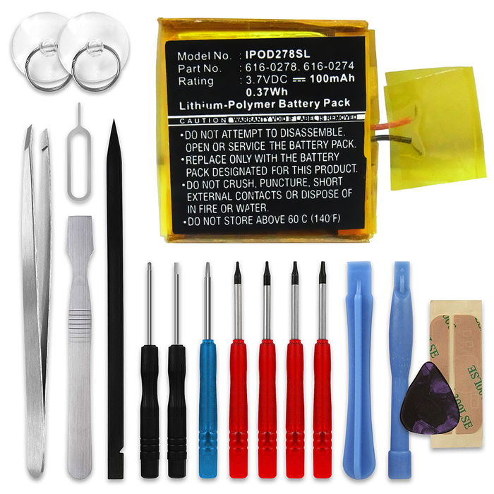 Apple iPod Shuffle 2 Gen. - A1204 Akku + Werkzeug-Set 100mAh Ersatzakku Batterie von subtel