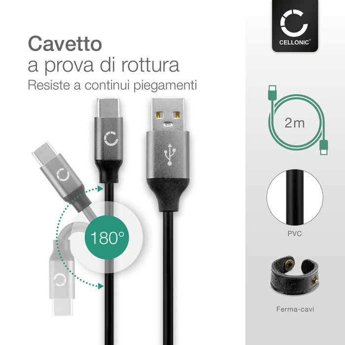 CELLONIC Cavo USB C Type-C 1 Metro - Ricarica Rapida 3A E Trasferimento Dati 480Mbps - Compatibile Con Nokia E Altri Smartphone - PVC Nero - 2