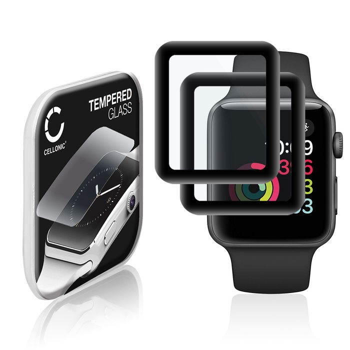 2x CELLONIC Display Schutzglas kompatibel mit Apple Watch 1 / 2 / 3 - 42mm Smartwatch / Fitness Tracker - 3D Full Cover 9H 0,30mm Full Glue - Smartwatchglas Schutzfolie schwarz Displayschutz Glas Folie Screen Protector Glass