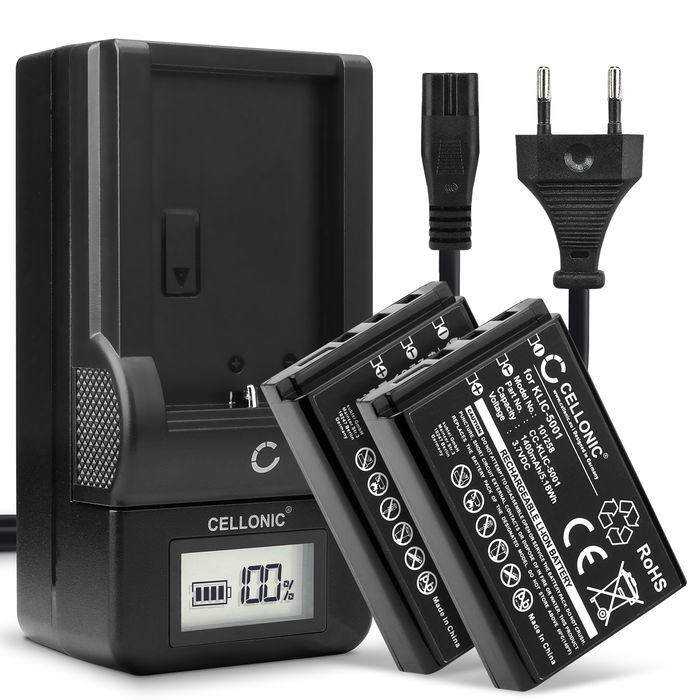 2x Batteria KLIC-5001 per fotocamera Kodak Easyshare DX6490 DX7440 DX7590 DX7630 P850 P880 Affidabile ricambio da 1400mAh, marca CELLONIC + Caricabatteria