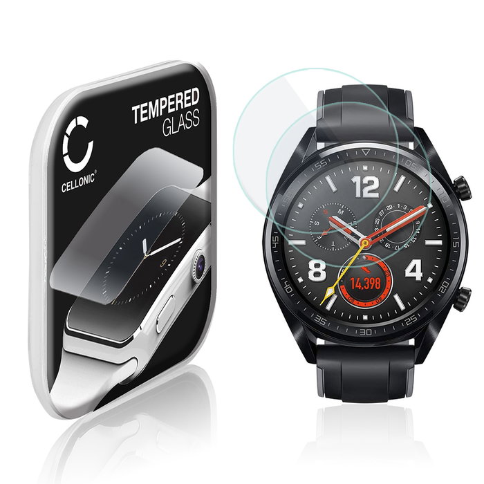 2x Vetrino protettivo 9H CELLONIC per Huawei Watch GT, (2.5D Screen protector 0,33mm per smartwacht, braccialetto fitness Full Glue), colore Trasparente, pellicola salva-schermo di orologio smartwatch