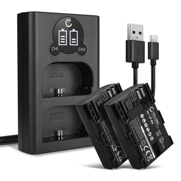 2x Batterie per Canon EOS 80D 90D 70D 7D 6D Mark II 60D R6 R5 5Ds R 5D Mark IV III - LP-E6N LP-E6 2000mAh + Caricabatteria doppio CBC-E6 LC-E6 con led di stato di ricarica, affidabili sostituzioni marcate CELLONIC
