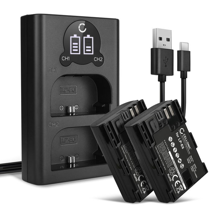 2x Canon EOS 5D Mark IV Batteria marcata CELLONIC, 2000mAh + Caricabatterie Doppio