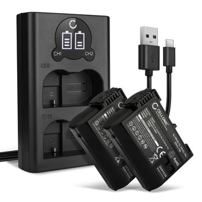2x Batteria EN-EL15 + Caricabatteria Doppio per Nikon D850 D750 1 V1 D7500 D7200 D800 D810 CELLONIC