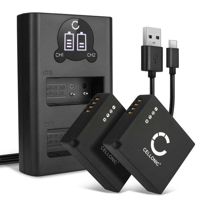 2x Panasonic Lumix DMC-GX80 Batteria marcata CELLONIC, 730mAh + Caricabatterie Doppio