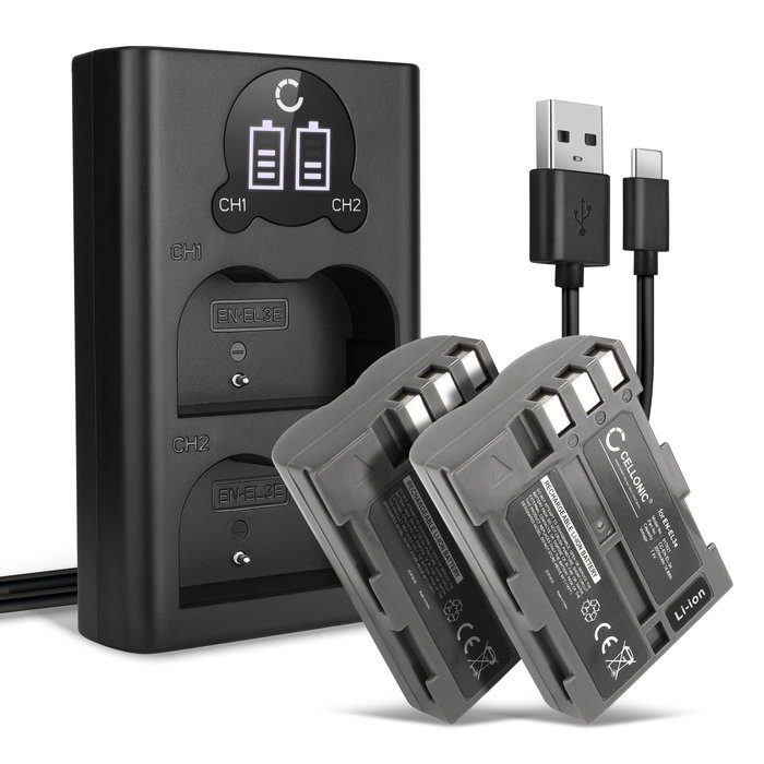 2x Nikon EN-EL3e Akku + Dual Ladegerät 2000mAh Ersatzakku Batterie von CELLONIC