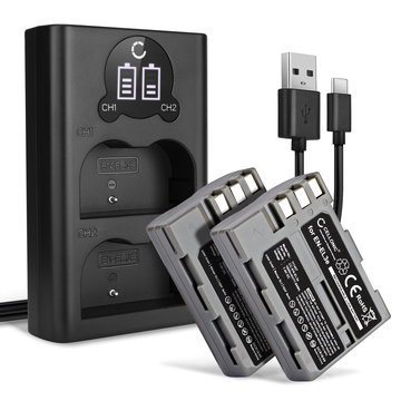 2x Batteria per Nikon D700 D70s D80 D90 D900 D100 D200 D300 D300S D50 D70 - EN-EL3e EN-EL3a EN-EL3 1600mAh + Caricabatteria doppio MH-18a Ricambio sostituzione scorta
