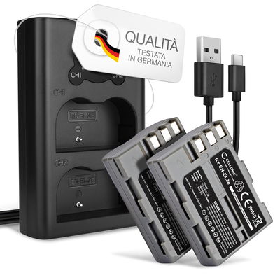 2x Batteria per Nikon D700 D70s D80 D90 D900 D100 D200 D300 D300S D50 D70 - EN-EL3e EN-EL3a EN-EL3 1600mAh + Caricabatteria doppio MH-18a Ricambio sostituzione scorta