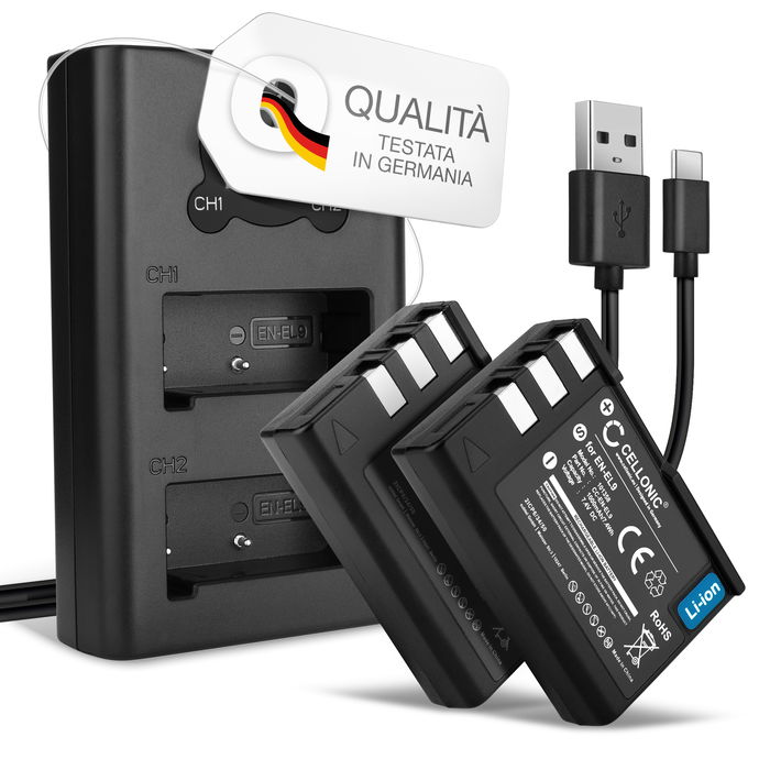 2x Nikon D40 Batteria marcata CELLONIC, 1000mAh + Caricabatterie Doppio