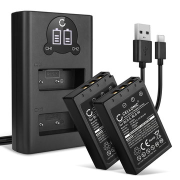 2x Batterie per Olympus Pen EPL7, EPL8, EPL6, EPL5, EPL4, EPL3, EPL2, Stylus 1, OM-D E-M10 Mark II, BLS-50, BCS-1 - BLS-5 BLS-50 1000mAh + Caricabatteria doppio BCS-1 BCS-5 con led di stato di ricarica, affidabili sostituzioni marcate CELLONIC