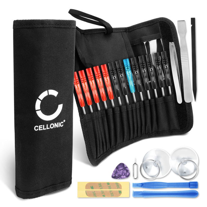 Kit de réparation de 23 pièces avec sacoche - tournevis, outils, leviers, ventouses etc... | Idéal pour réparer soi-même une batterie ou un écran de téléphone