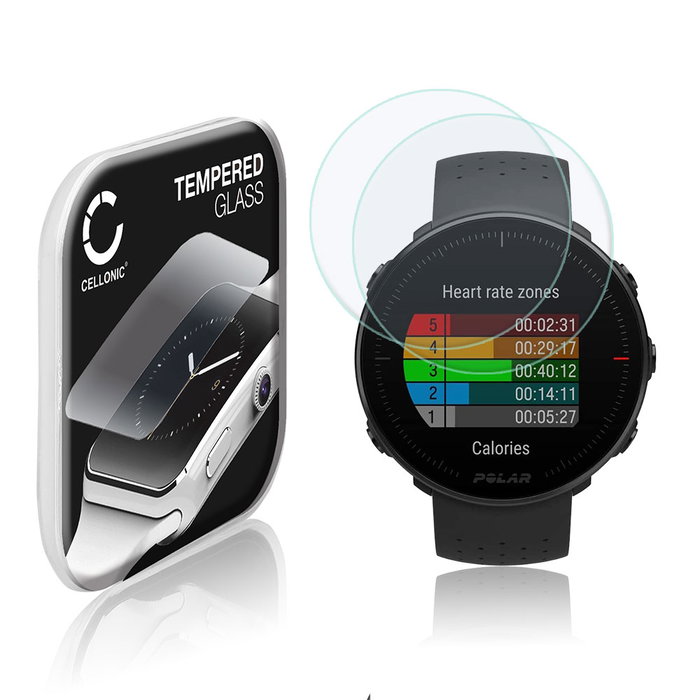 2x CELLONIC Display Schutzglas kompatibel mit Polar Vantage M Smartwatch / Fitness Tracker - 2.5D 9H 0,33mm Full Glue - Smartwatchglas Schutzfolie schwarz Displayschutz Glas Folie Screen Protector Glass