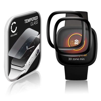 2x CELLONIC Display Schutzglas kompatibel mit FitBit Versa 3 / Sense Smartwatch / Fitness Tracker - 3D Full Cover 9H 0,30mm Full Glue - Smartwatchglas Schutzfolie schwarz Displayschutz Glas Folie Screen Protector Glass