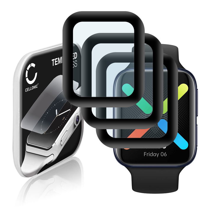 3x CELLONIC Display Schutzglas kompatibel mit Oppo Watch - 46mm Smartwatch / Fitness Tracker - 3D Full Cover 9H 0,33mm Full Glue - Smartwatchglas Schutzfolie schwarz Displayschutz Glas Folie Screen Protector Glass