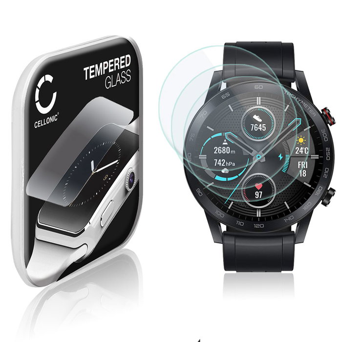 3x Vetrino protettivo 9H CELLONIC per Honor Magic Watch 2 (46mm), (2.5D Screen protector 0,33mm per smartwacht, braccialetto fitness Full Glue), colore Trasparente, pellicola salva-schermo di orologio smartwatch