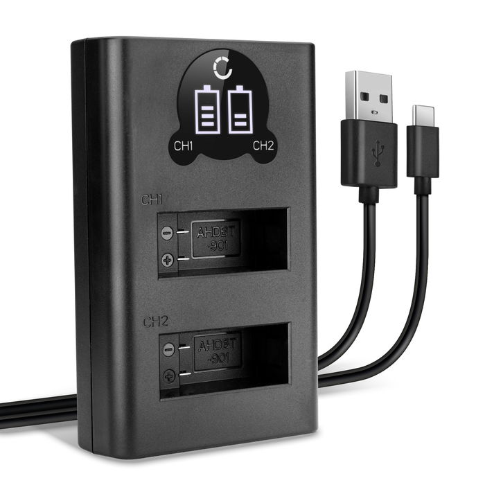Caricatore USB doppio (AHDBT-901) per GoPro Hero 9, Hero 10, Hero 11 + 1m + Cavo USB di CELLONIC
