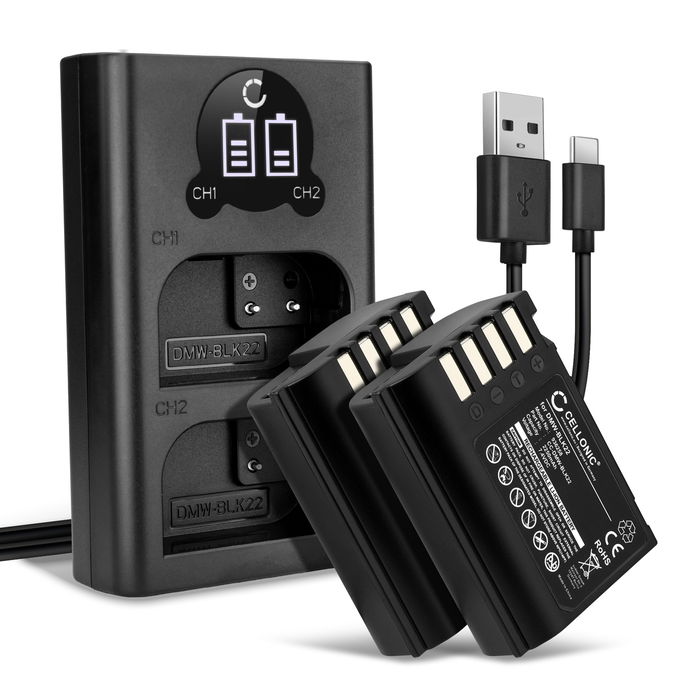 2x Panasonic DMW-BLK22 Batteria marcata CELLONIC, 2250mAh + Caricabatterie Doppio