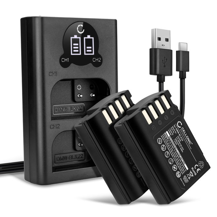 2x Panasonic DMW-BLK22 Akku + Dual Ladegerät 1600mAh Ersatzakku Batterie von CELLONIC