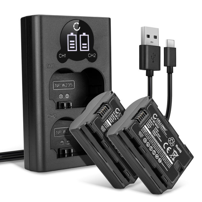 2x Batteria NP W235 per fotocamera FujiFilm X-T4 / GFX 50S II / GFX100S / X-H2S Affidabile ricambio da 2000mAh, marca CELLONIC + Caricabatterie Doppio