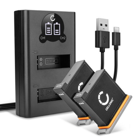 2x Batteria per DJI Osmo Action 1; CP.OS.00000020.01 AB1, P01, PT1 (1220mAh, 3.85V) + Caricabatterie Doppio di CELLONIC