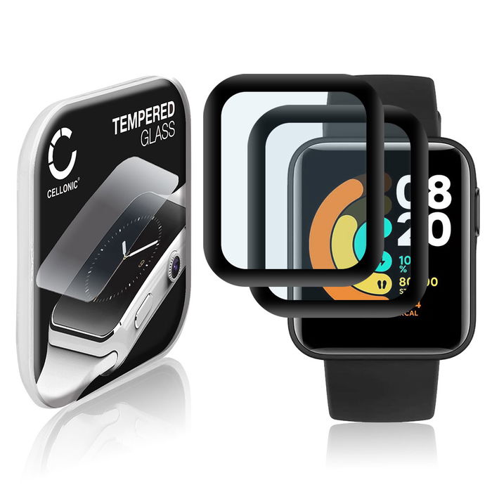 2x Vetrino protettivo 9H CELLONIC per Xiaomi Mi Watch Lite, (3D Full Cover Screen protector 0,33mm per smartwacht, braccialetto fitness Full Glue), colore Trasparente, pellicola salva-schermo di orologio smartwatch