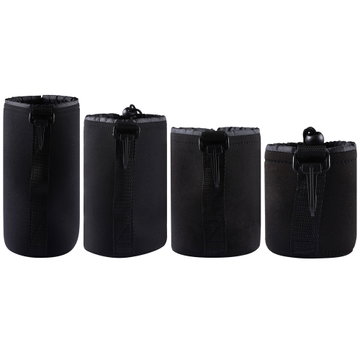 Pack de 4 housses de protection Néoprène noir pour objectifs photo S, M, L et XL - pochettes avec fermeture par cordon et accroche de type mousqueton