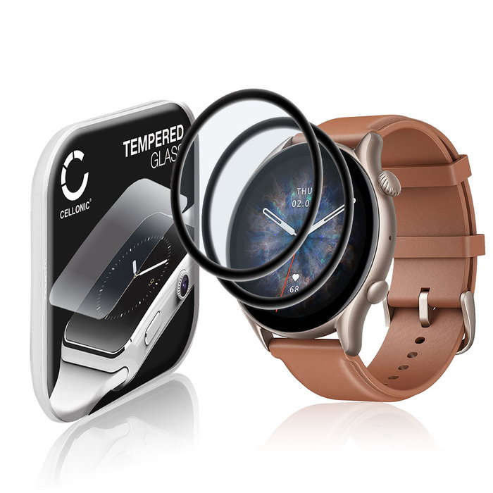 2x Vetrino protettivo 9H CELLONIC per Amazfit GTR 3 Pro, (3D Full Cover Screen protector 0,33mm per smartwacht, braccialetto fitness Full Glue), colore nero, pellicola salva-schermo di orologio smartwatch