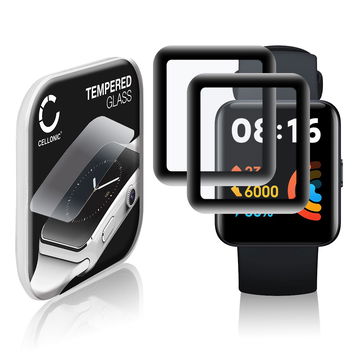 2x Vetrino protettivo 9H CELLONIC per Xiaomi Redmi Watch 2 Lite, (3D Full Cover Screen protector 0,33mm per smartwacht, braccialetto fitness Full Glue), colore nero, pellicola salva-schermo di orologio smartwatch