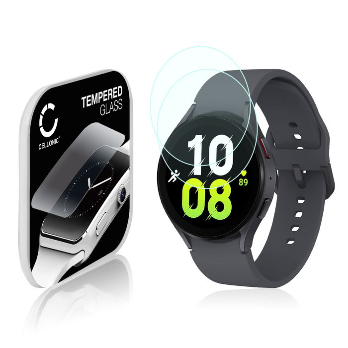 2x Vetrino protettivo 9H CELLONIC per Samsung Galaxy Watch 5 - 44mm, (2.5D Screen protector 0,30mm per smartwacht, braccialetto fitness Full Glue), colore Trasparente, pellicola salva-schermo di orologio smartwatch