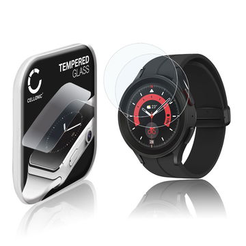 2x Vetrino protettivo 9H CELLONIC per Samsung Galaxy Watch 5 Pro, (2.5D Screen protector 0,30mm per smartwacht, braccialetto fitness Full Glue), colore Trasparente, pellicola salva-schermo di orologio smartwatch