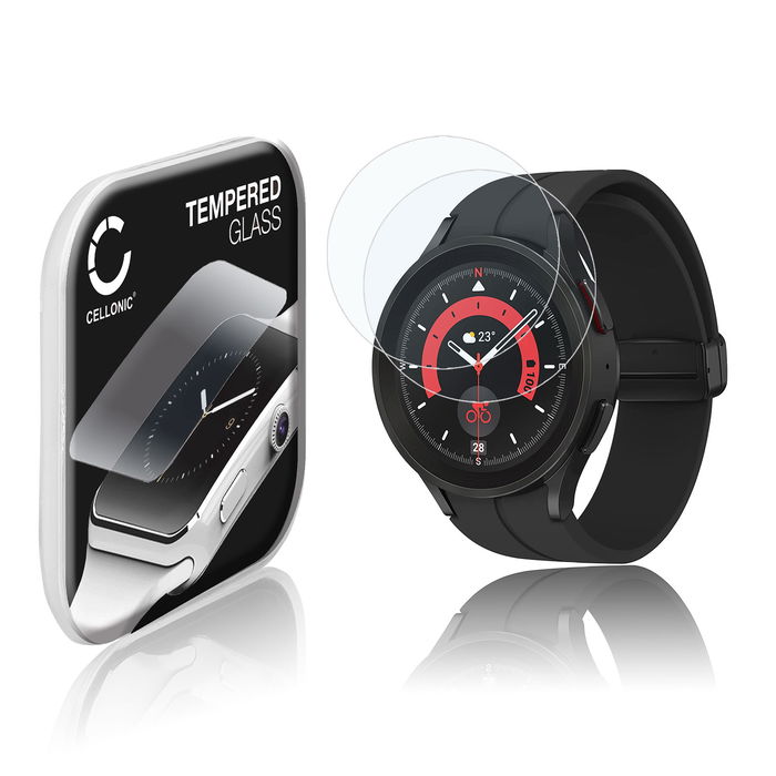 2x Vetrino protettivo 9H CELLONIC per Samsung Galaxy Watch 5 Pro, (2.5D Screen protector 0,30mm per smartwacht, braccialetto fitness Full Glue), colore Trasparente, pellicola salva-schermo di orologio smartwatch