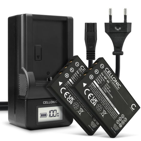 2x Battery for Fuji FinePix M603, F401, F410, F601 NP-60 (1180mAh, 3.7V) + Charger from CELLONIC