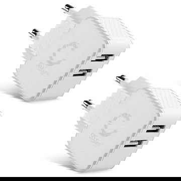 2x 2 Port USB Charger EU-Plug 5V 3.4A 17W Fast Smart Charging Mains Wall USB Adapter Outlet Socket 100V-240V for Mobile Phone, Tablet, Speakers, Powerbank - White