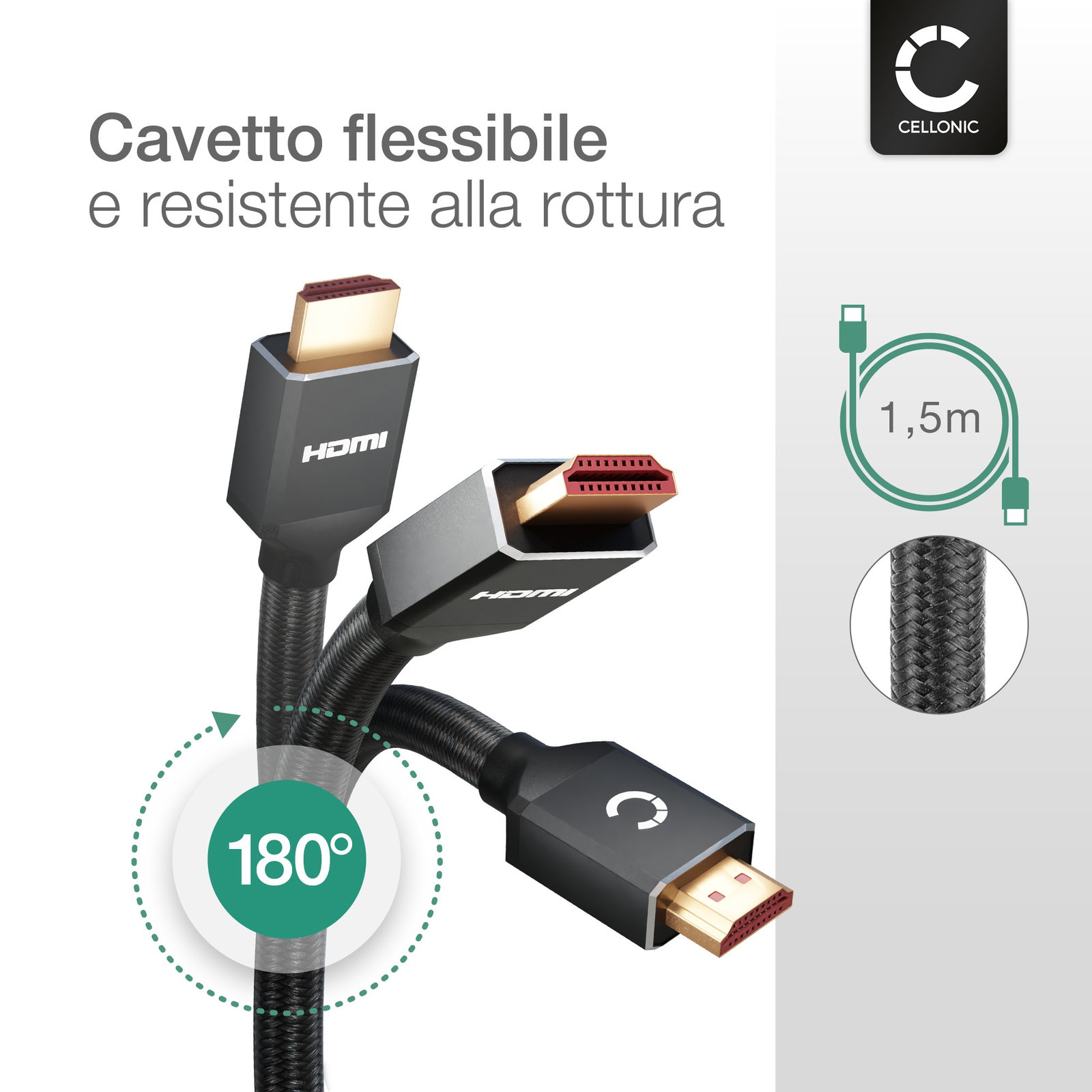 Cavo HDMI 1.5m 4K 60Hz - Ultra Resistente Con Intreccio In Nylon, 18.2 Gbps Per TV, Gaming E Monitor