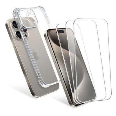 Kit 1x Coque transparente et 3x protection écran iPhone 15 Pro Max CELLONIC - Coque de protection 6,7" pour téléphone et écran de protection verre trempé 9H ultra-fin 0,33 mm