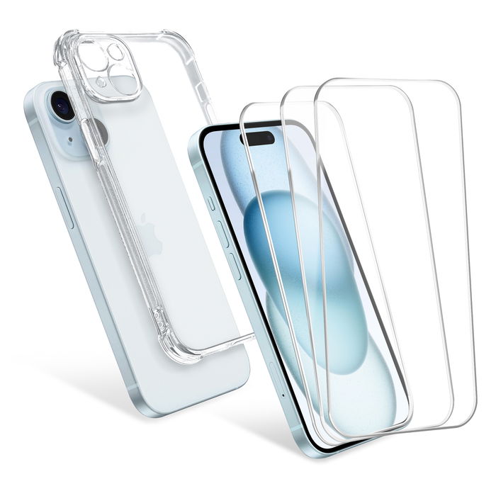 Kit 1x Coque transparente et 3x protection écran iPhone 15 Plus CELLONIC - Coque de protection 6,7" pour téléphone et écran de protection verre trempé 9H ultra-fin 0,33 mm