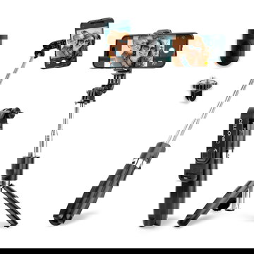 2-in-1 Selfie-Stick und Stativ – 1m langer ausziehbarer Selfie Stick & klappbares Dreibeinstativ mit Bluetooth Fernbedienung für Handy und Kamera – kompatibel mit iPhone, GoPro, Android & weiteren – Schwarz