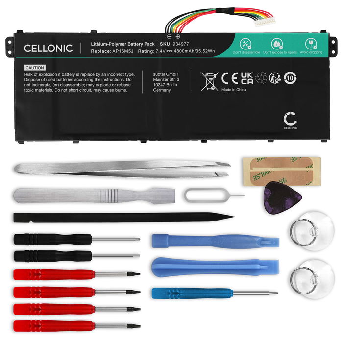 Acer Aspire 3 A315-51-51SL Akku + Werkzeug-Set 4800mAh Ersatzakku Batterie von Cellonic