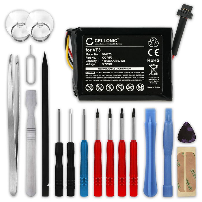 Batteria per TomTom Quanta, GO XL 330, GO XL 310, VF3F, FM68360420759, VF3 1100mAh + Set di strumenti 17pz, marca subtel, ricambi di lunga durata per navigatori