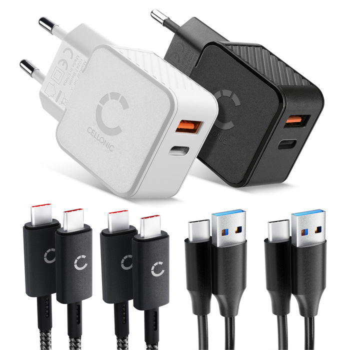 CELLONIC Kit da Viaggio – 2x Caricabatterie Doppio USB-C & USB + 4x Cavi di Ricarica per Smartphone, Notebook, GPS, Tablet, Altoparlante, Smartwatch ecc. – 2x Caricatori Rapidi USB PD da 20W in Nero e Bianco