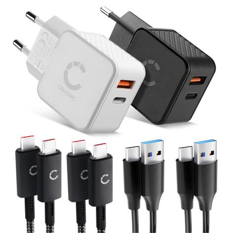 2x Caricabatterie per Apple iPhone 17, 17 Pro Max, 16, 17 Pro, 16 Pro + 2x Cavo USB di CELLONIC
