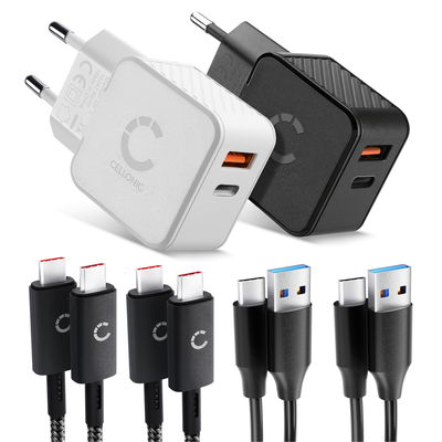 CELLONIC Kit de Voyage – 2x Chargeur Double USB-C & USB + 4x Câble de Charge pour Smartphone, Ordinateur Portable, GPS, Tablette, Enceinte, Montre Connectée, etc. – 2x Chargeur Rapides USB PD 20W en Noir et Blanc