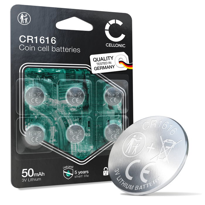 CELLONIC CR1616 Knopfzellen-Batterien (Lithium, 50mAh, 3V) für Autoschlüssel, Uhren, Sensoren – x6-Pack