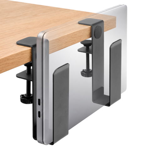 CELLONIC Vertical Laptop Stand for Desk, Desk Side Laptop Holder with Clamp Mount, 2 Separate Black Steel Holders, No Drilling, Protective Pads, for Laptops and Tablets, Desk Organiser for Home Office