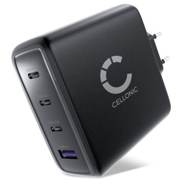 CELLONIC 140W GaN Caricatore USB C, Alimentatore multiporta 4 porte (3x USB-C 140W/100W/20W + 1x USB-A) con Power Delivery, per iPhone, MacBook, Samsung Galaxy, iPad, Laptop - compatto e da viaggio
