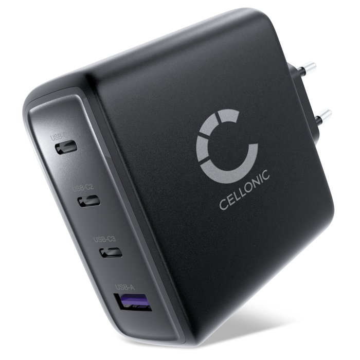 CELLONIC 140W GaN Caricatore USB C, Alimentatore multiporta 4 porte (3x USB-C 140W/100W/20W + 1x USB-A) con Power Delivery, per iPhone, MacBook, Samsung Galaxy, iPad, Laptop - compatto e da viaggio